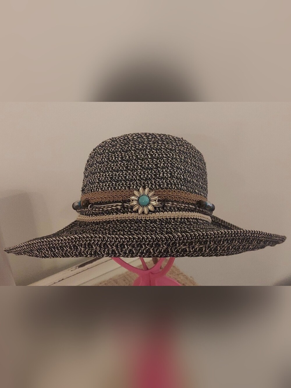 Nine West Women’s Black and Tan Braided Sun Hat with Turquoise Flower Accent